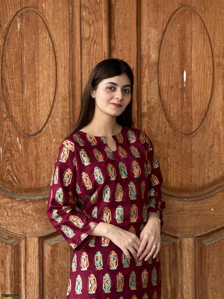 Two PCs women stitched printed Arabic lawn suite shirt and trouser