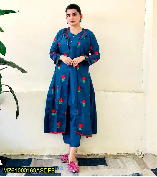 3 PCs women stitched cotton silk embroidered gown