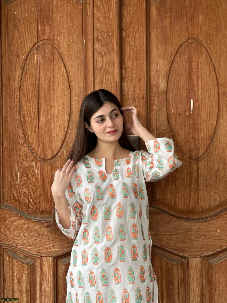 Two PCs women stitched printed Arabic lawn suite shirt and trouser