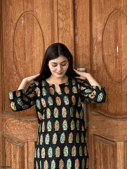 Two PCs women stitched printed Arabic lawn suite shirt and trouser
