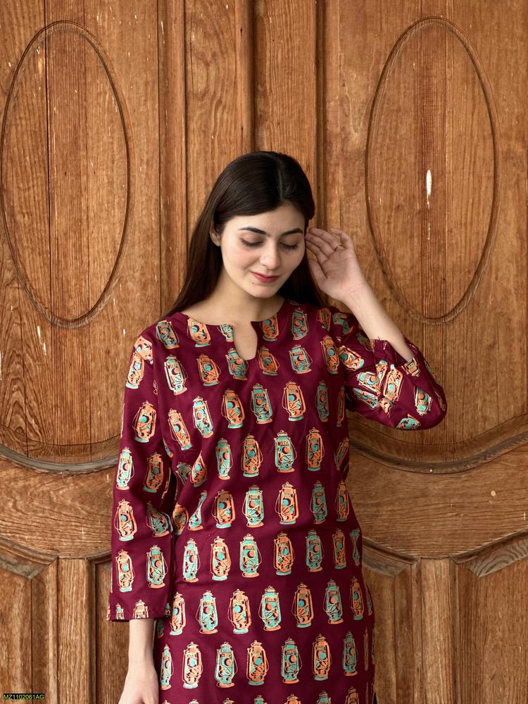 Two PCs women stitched printed Arabic lawn suite shirt and trouser