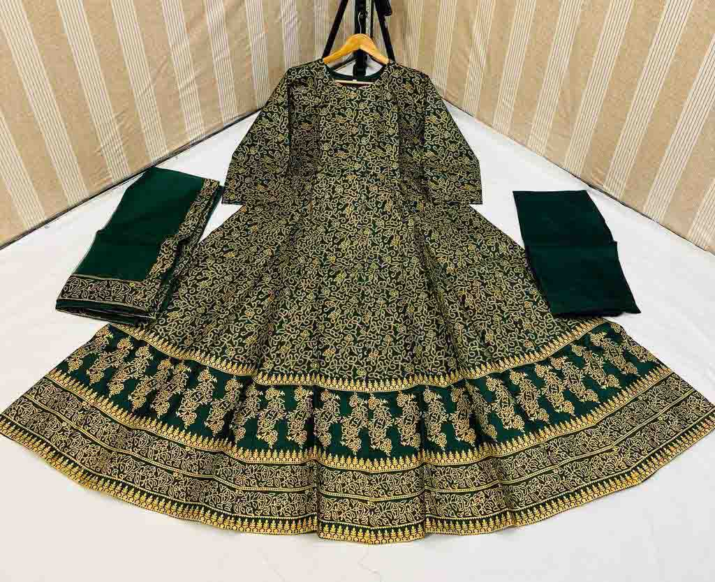 3 PCs women's stitched cotton silk block print maxi