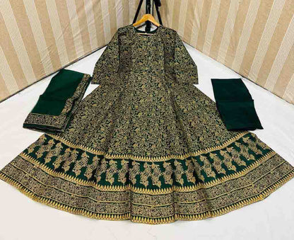 3 PCs women's stitched cotton silk block print maxi