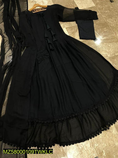 3 PCs women stitched chiffon plain maxy