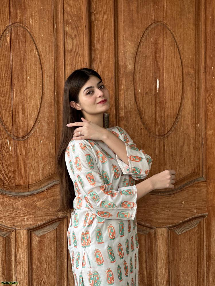 Two PCs women stitched printed Arabic lawn suite shirt and trouser