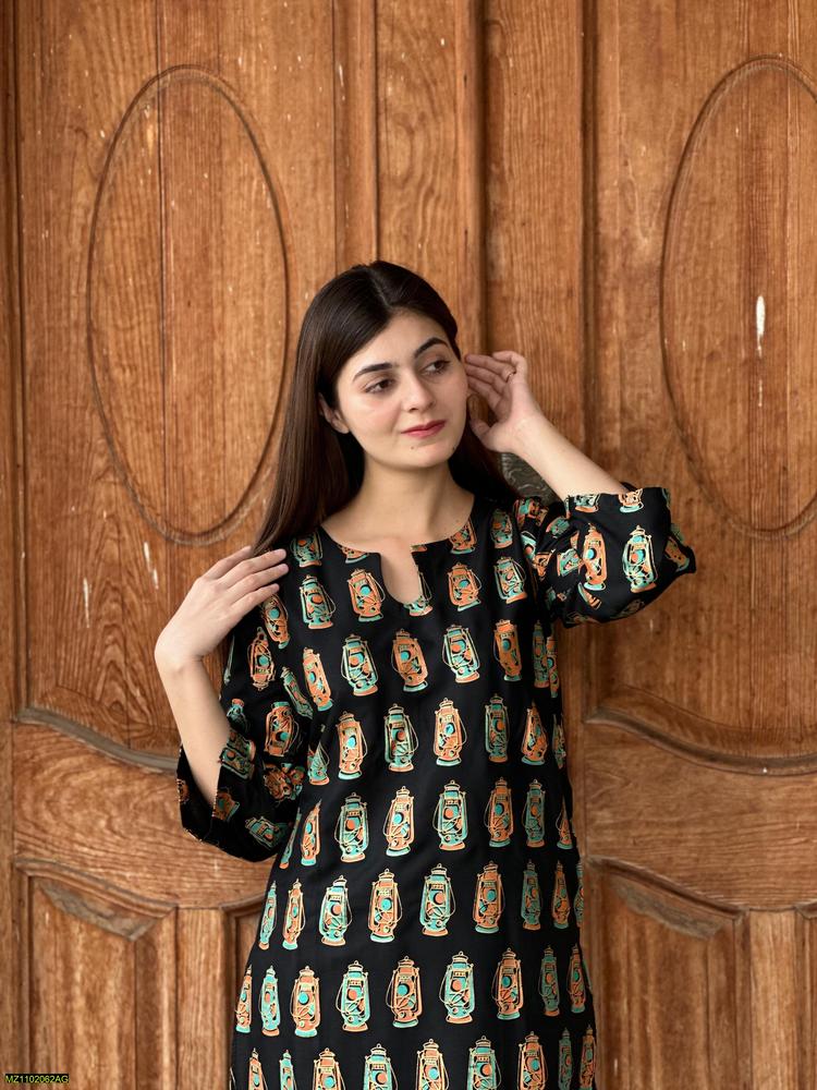 Two PCs women stitched printed Arabic lawn suite shirt and trouser