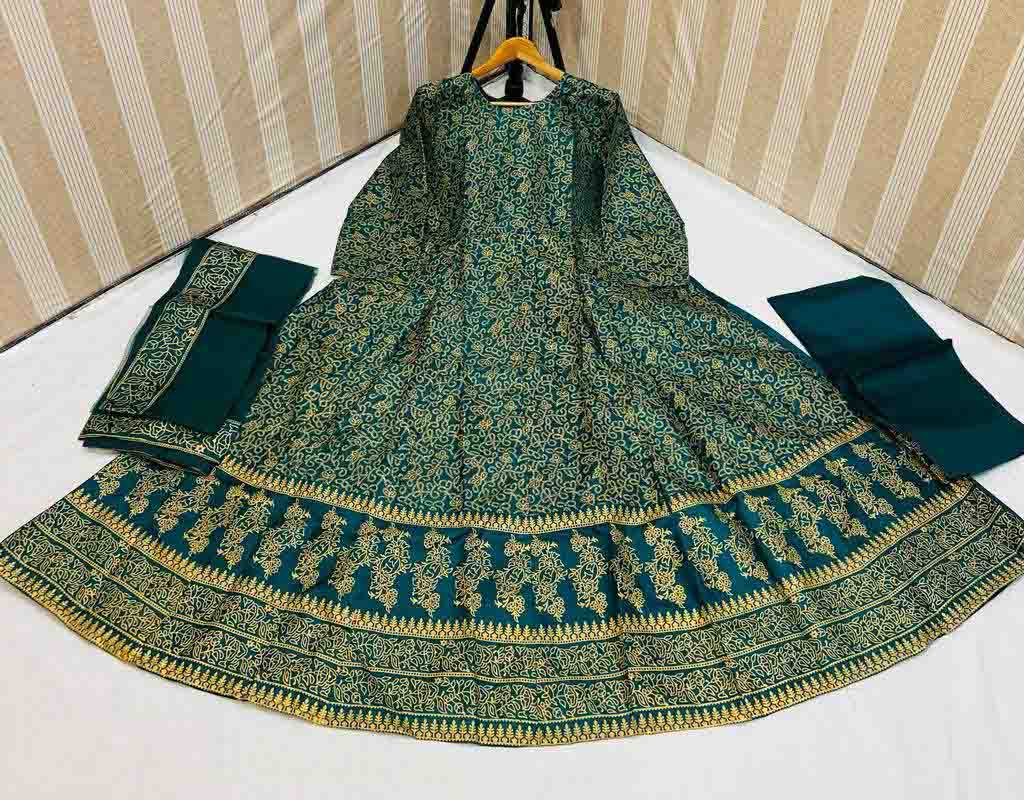 3 PCs women's stitched cotton silk block print maxi