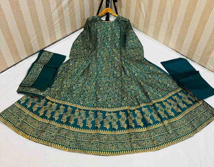 3 PCs women's stitched cotton silk block print maxi