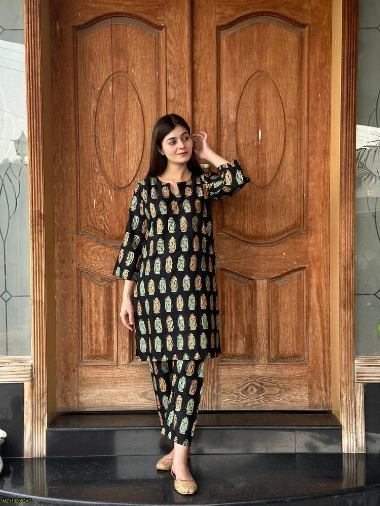 Two PCs women stitched printed Arabic lawn suite shirt and trouser