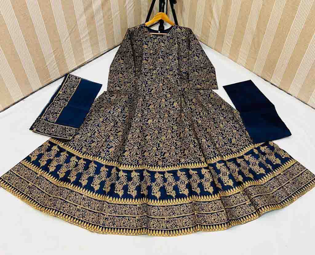 3 PCs women's stitched cotton silk block print maxi