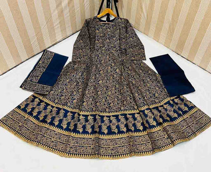 3 PCs women's stitched cotton silk block print maxi