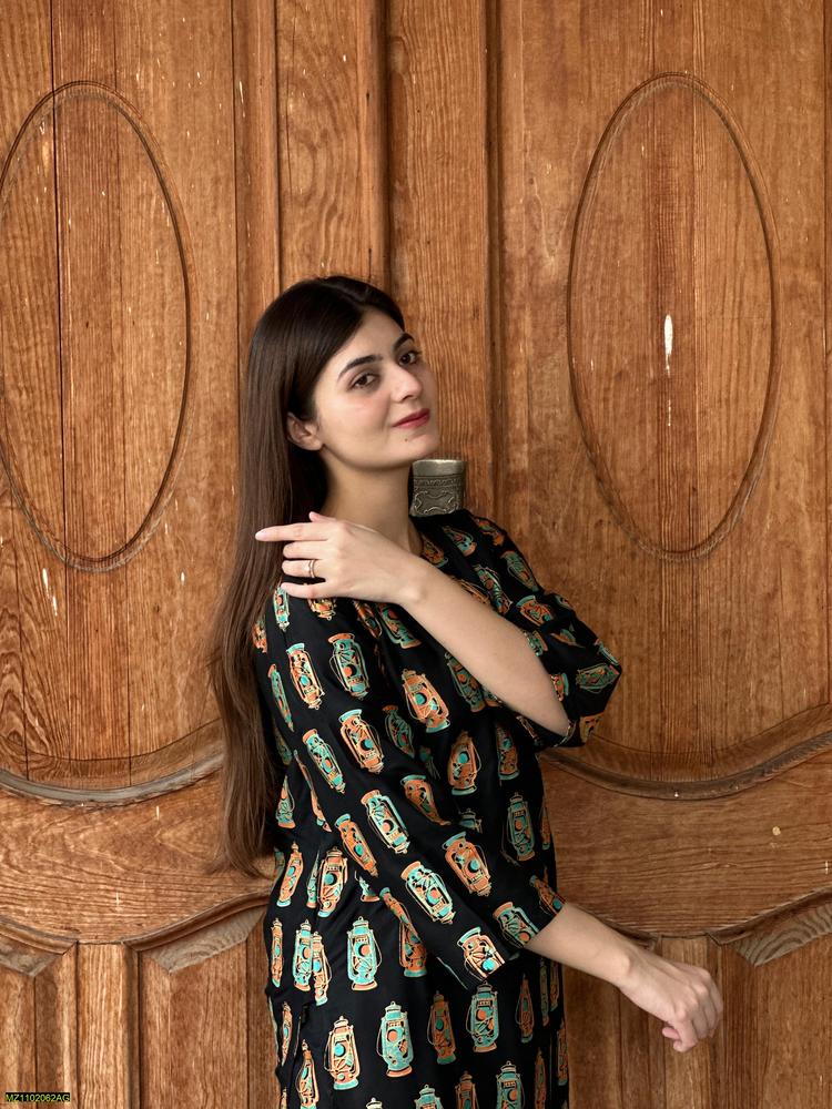 Two PCs women stitched printed Arabic lawn suite shirt and trouser