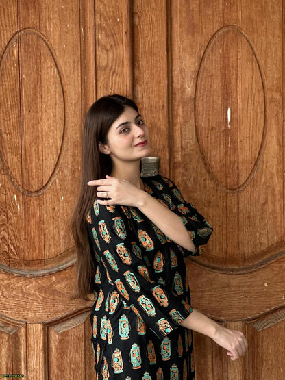 Two PCs women stitched printed Arabic lawn suite shirt and trouser