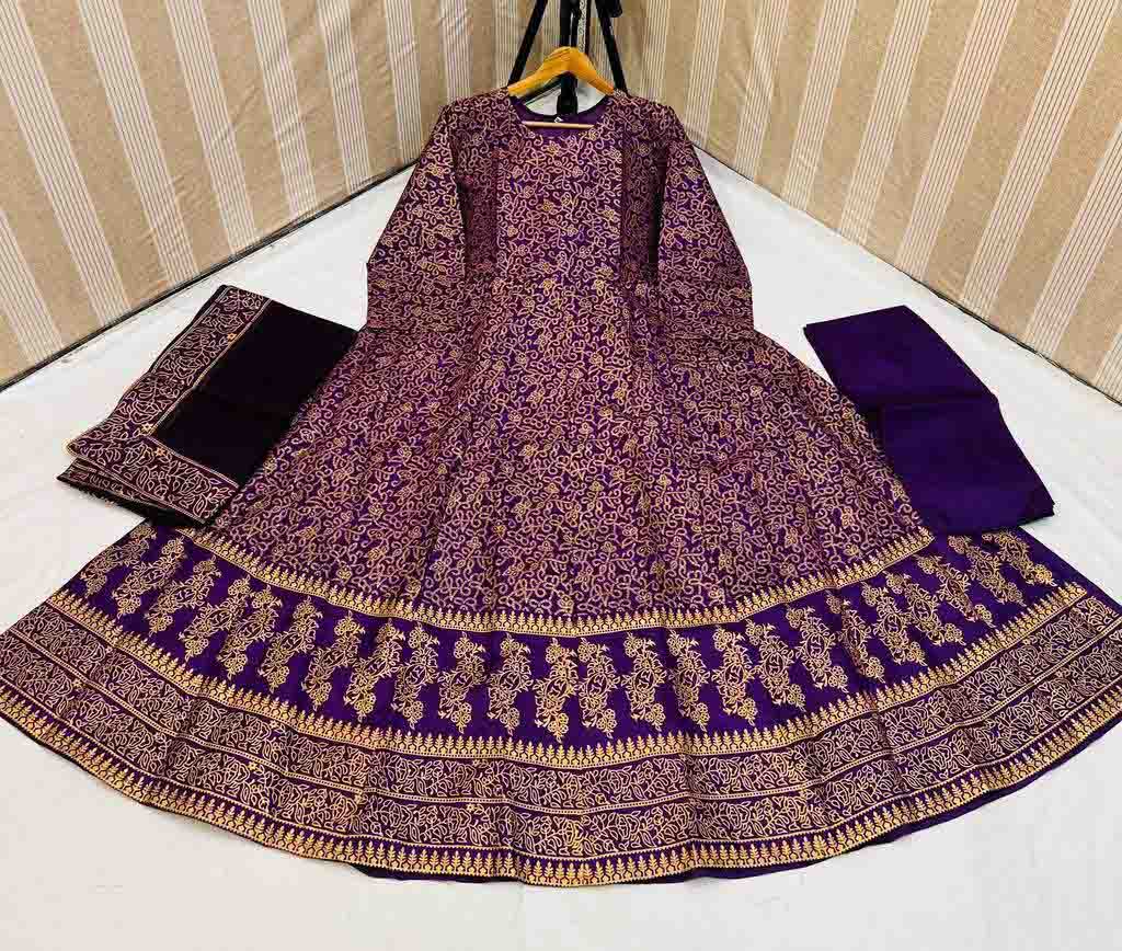 3 PCs women's stitched cotton silk block print maxi