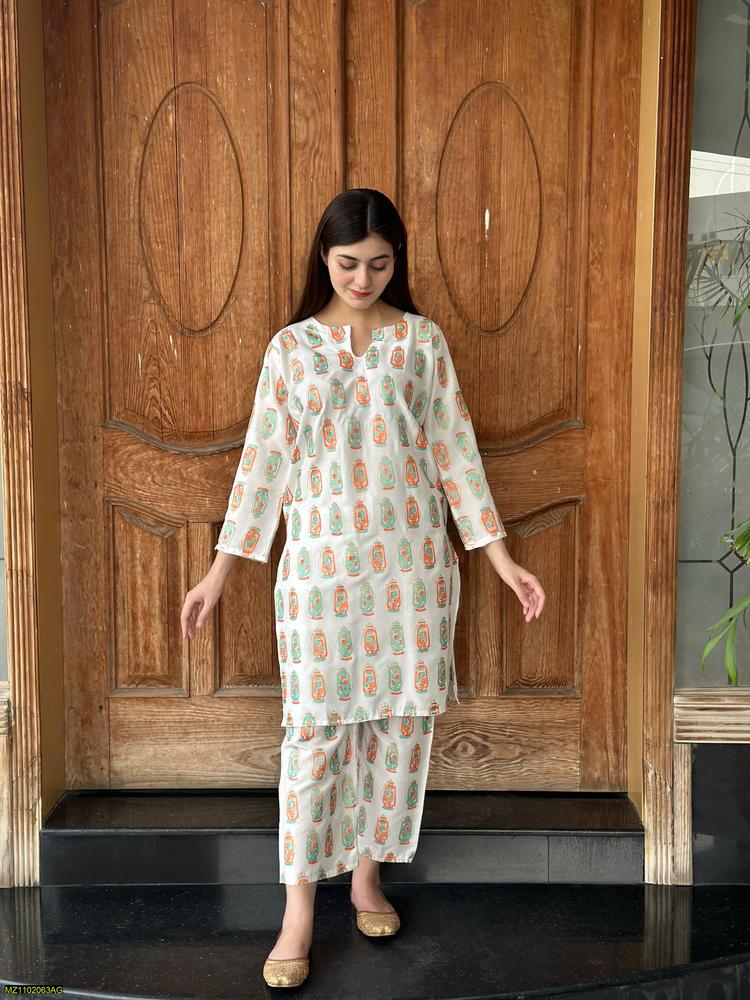 Two PCs women stitched printed Arabic lawn suite shirt and trouser
