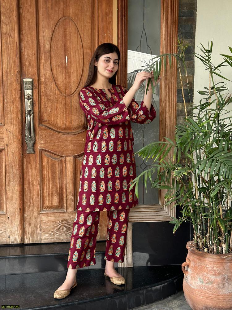 Two PCs women stitched printed Arabic lawn suite shirt and trouser