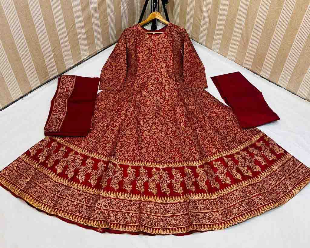 3 PCs women's stitched cotton silk block print maxi