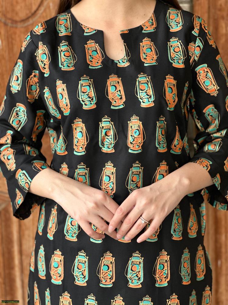 Two PCs women stitched printed Arabic lawn suite shirt and trouser