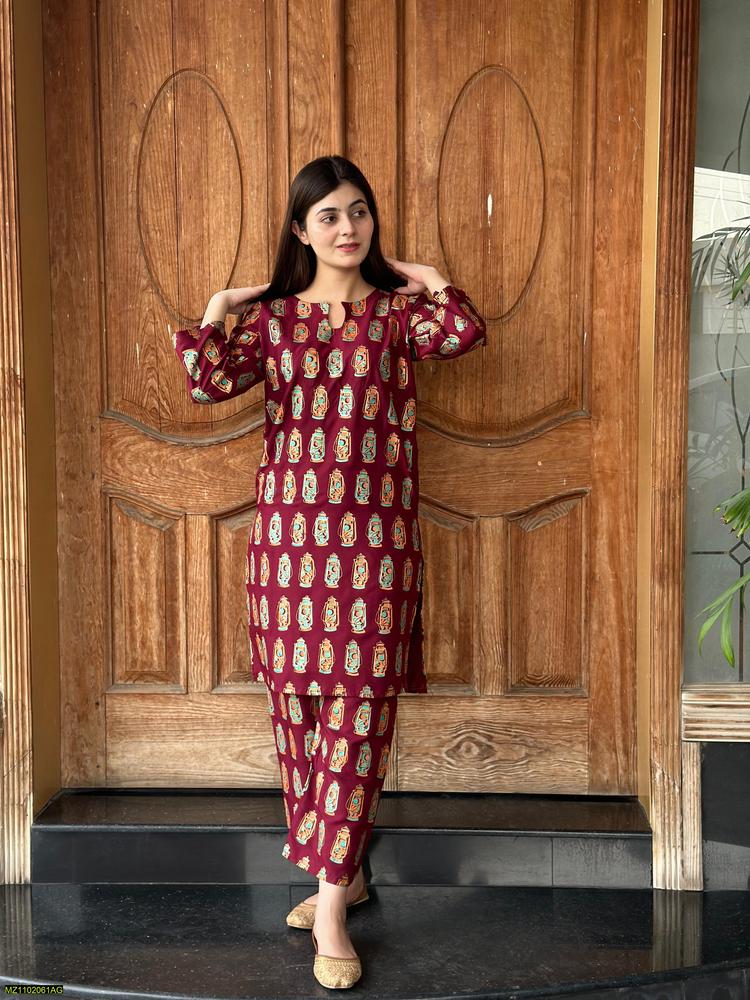 Two PCs women stitched printed Arabic lawn suite shirt and trouser