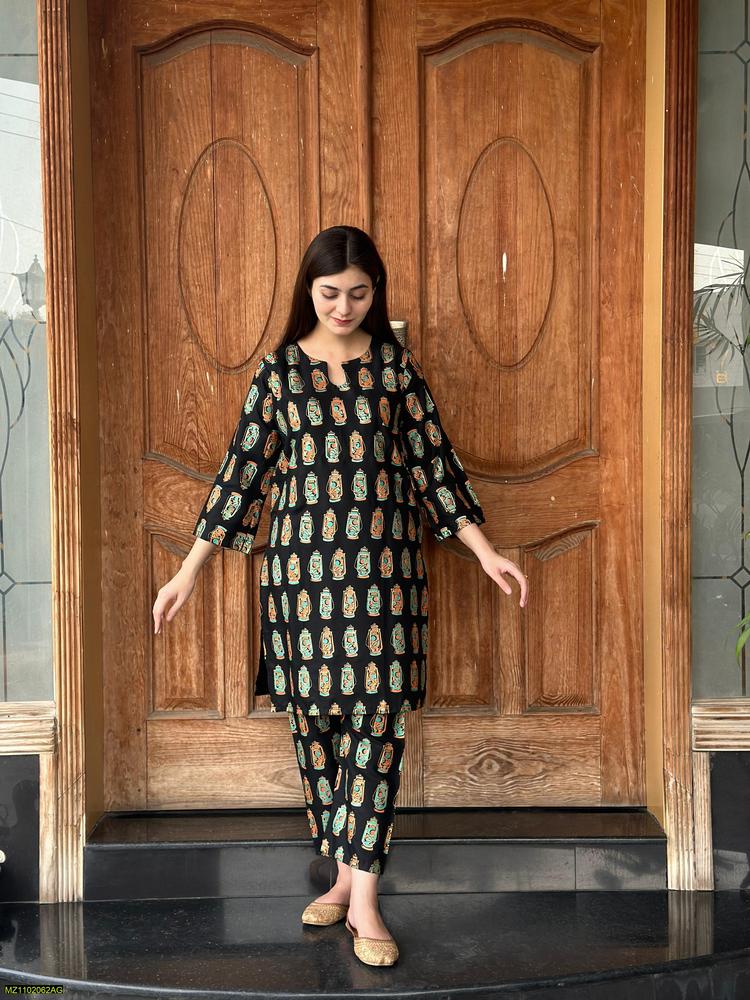 Two PCs women stitched printed Arabic lawn suite shirt and trouser