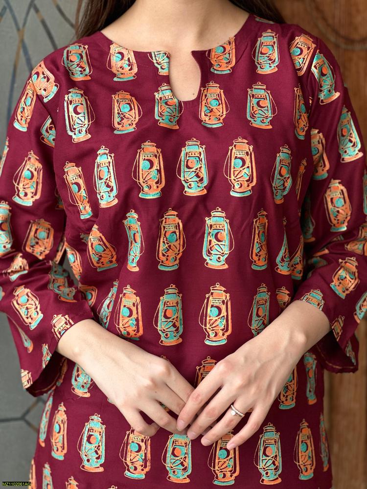 Two PCs women stitched printed Arabic lawn suite shirt and trouser