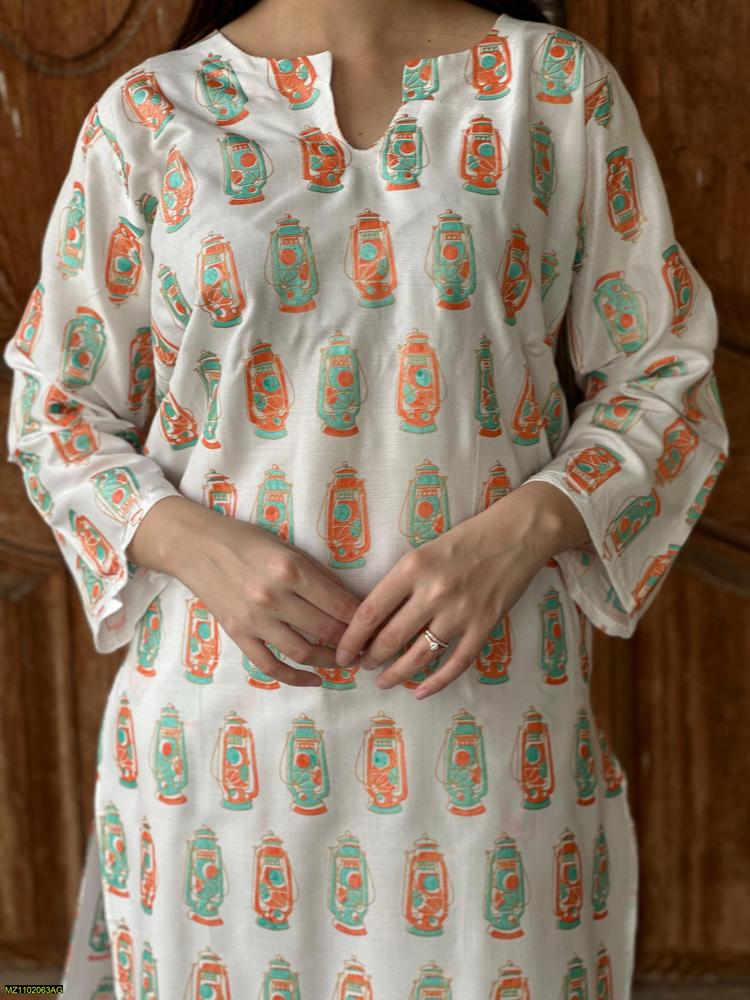 Two PCs women stitched printed Arabic lawn suite shirt and trouser