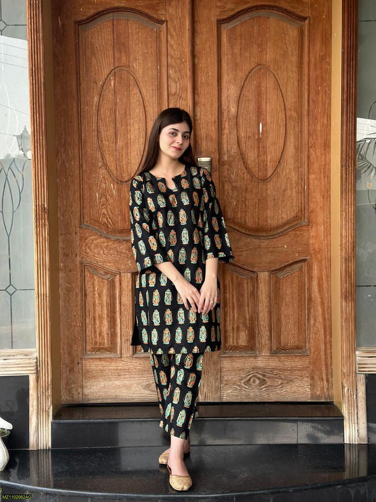 Two PCs women stitched printed Arabic lawn suite shirt and trouser