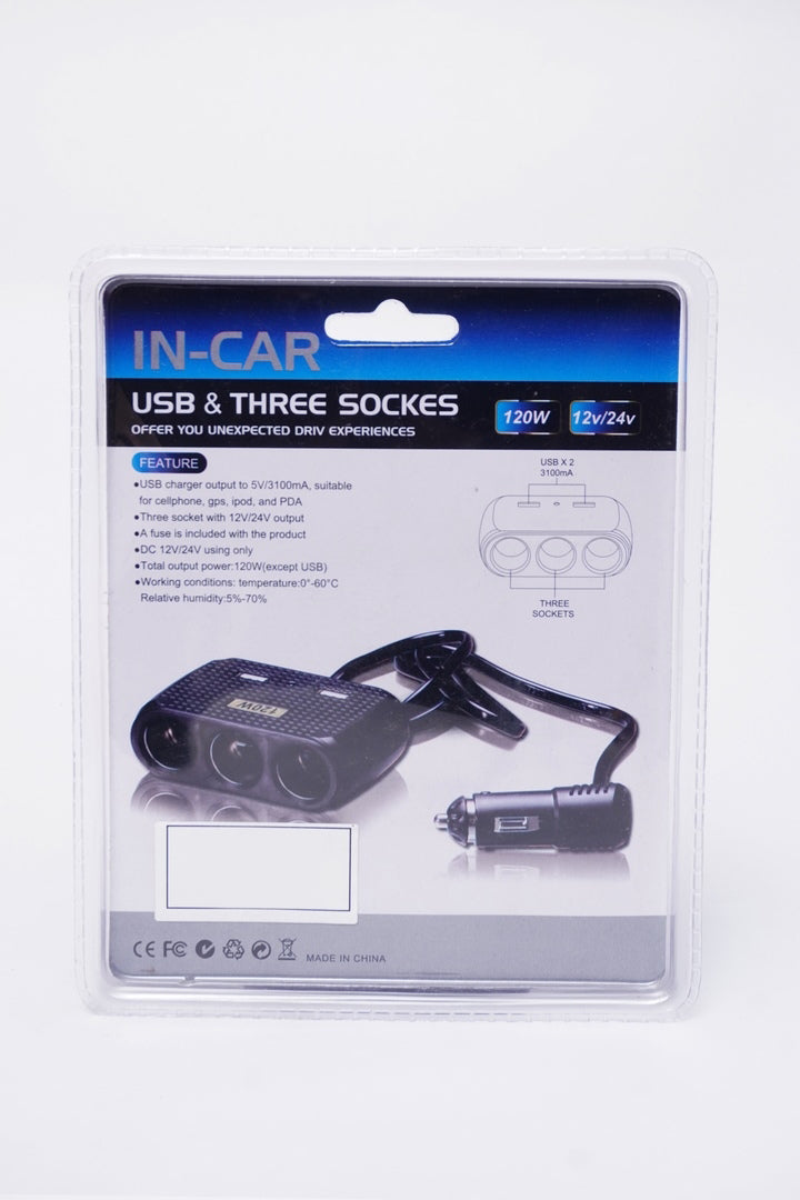 Car charger 3 in 1 usb socket