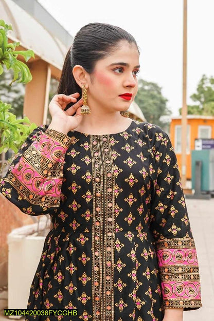 women stitched katan silk two pcs printed maxi