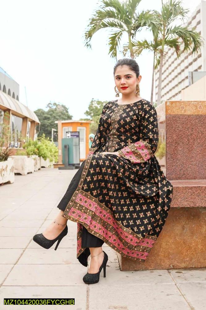 women stitched katan silk two pcs printed maxi
