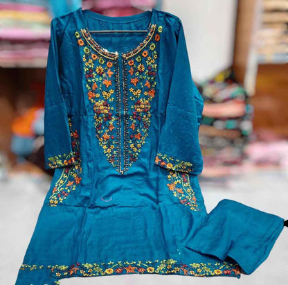 women two pcs stitched embroidered shirt & trouser