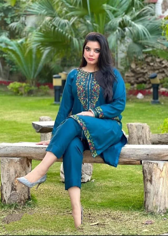 women two pcs stitched embroidered shirt & trouser