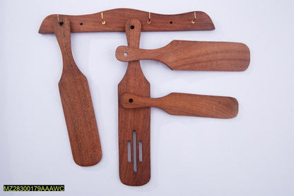 4 PCs wooden spatula spoons set with stand