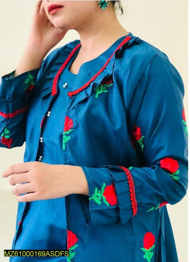 3 PCs women stitched cotton silk embroidered gown