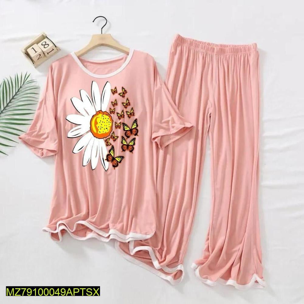 2 PCs women stitched printed night suite