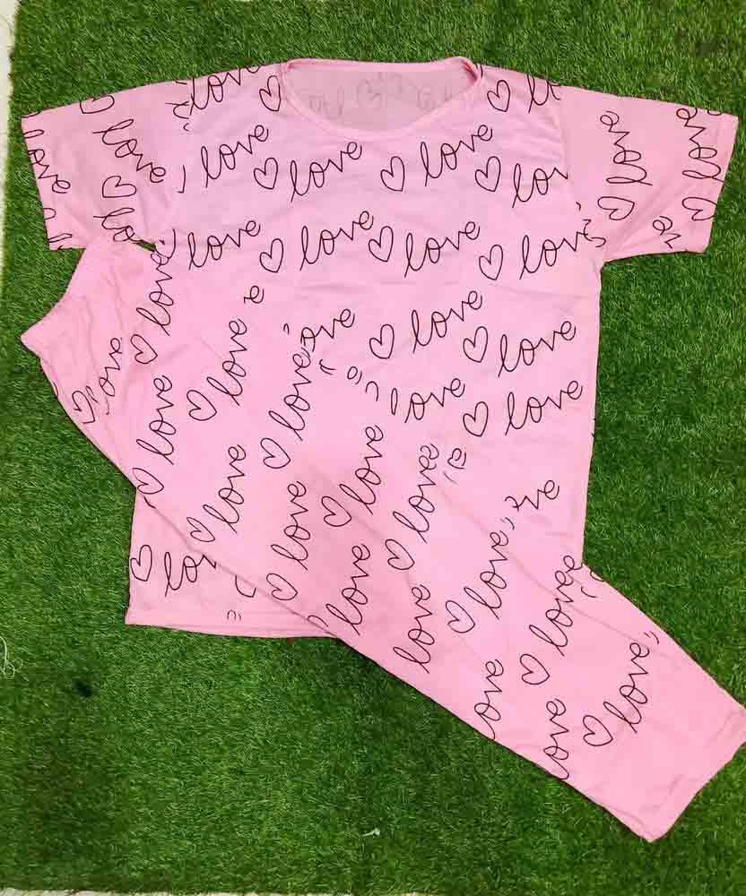 love sign printed two pcs cotton jersey night wear