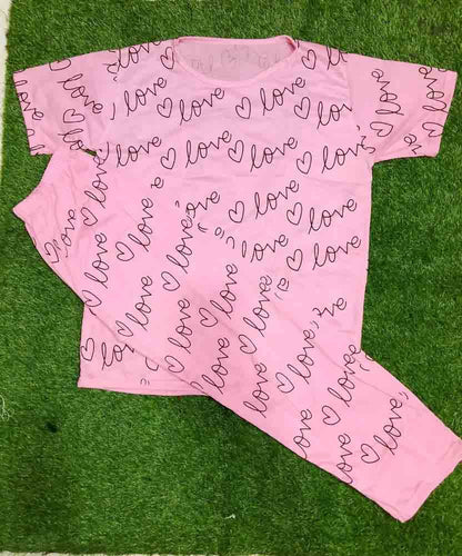 love sign printed two pcs cotton jersey night wear