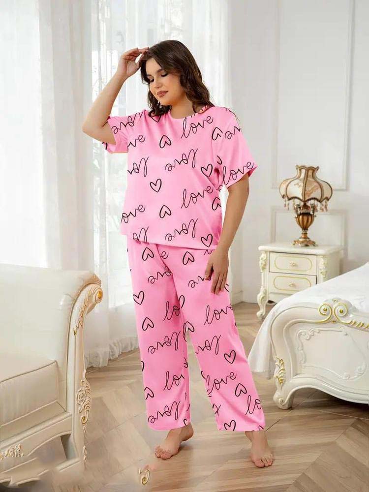 love sign printed two pcs cotton jersey night wear