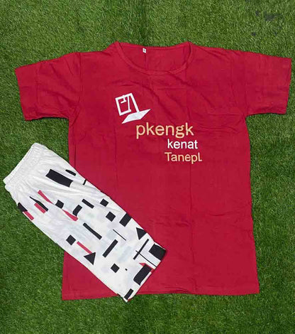 Red and white printed cotton jersey two pcs night suite