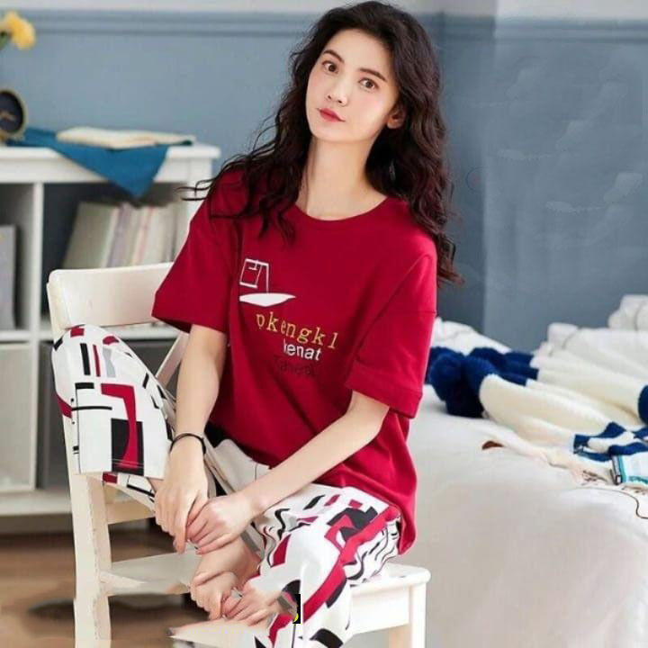 Red and white printed cotton jersey two pcs night suite