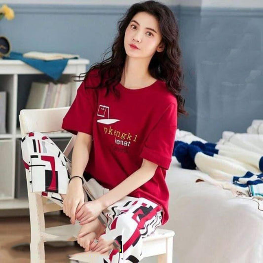Red and white printed cotton jersey two pcs night suite