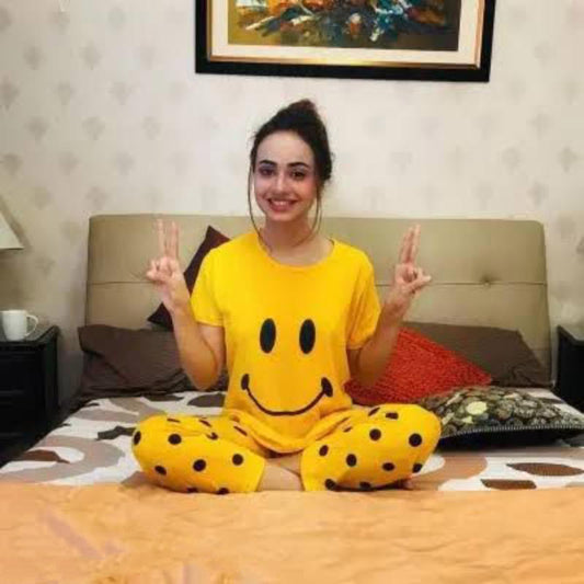 yellow smiley printed cotton jersey two pcs night wear