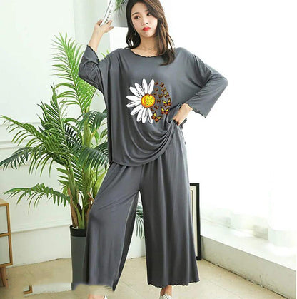 Sunflower printed cotton jersey women two pcs night wear