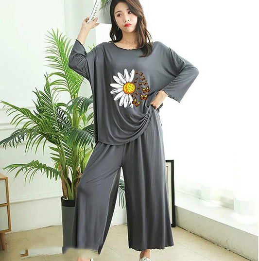 Sunflower printed cotton jersey women two pcs night wear